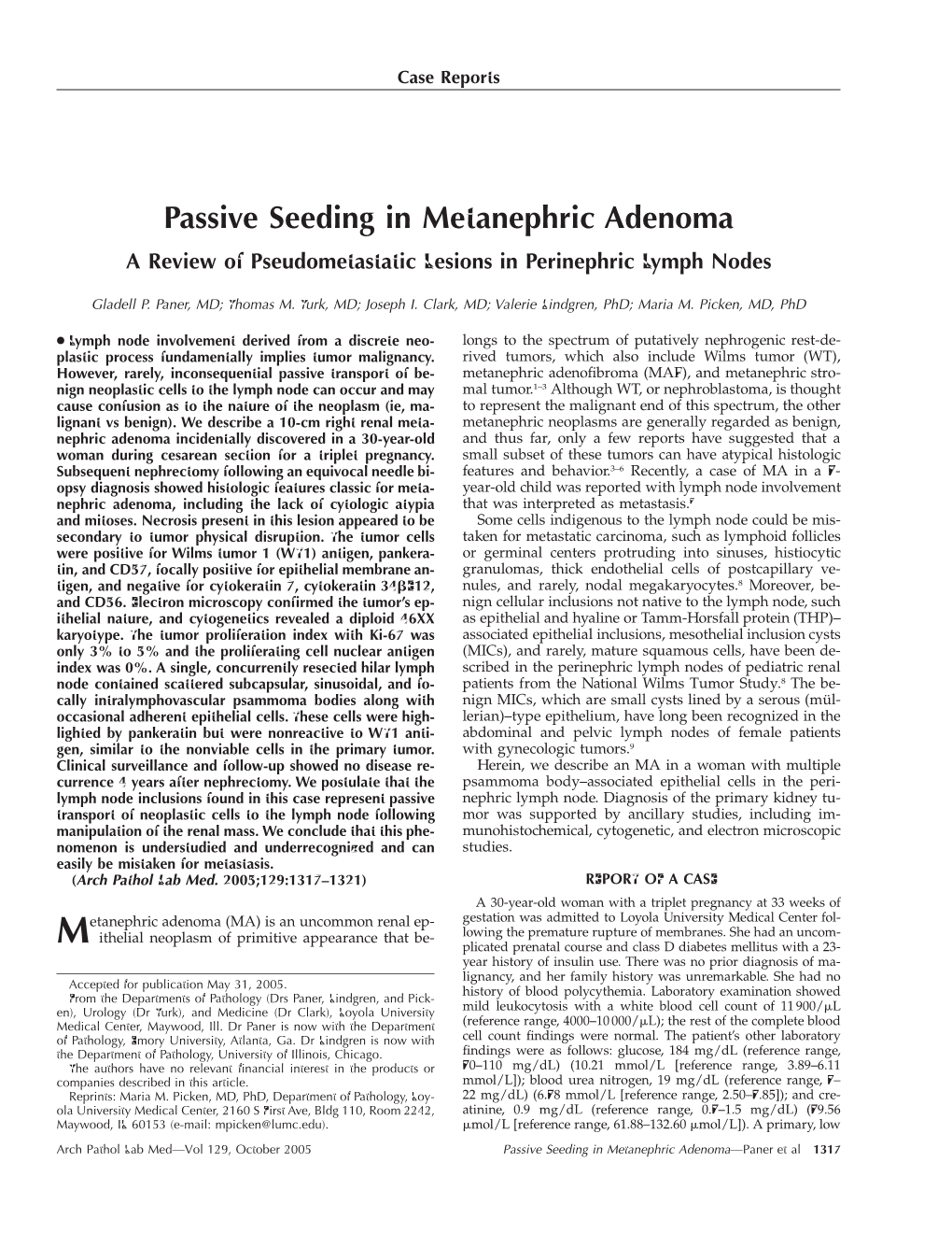 Passive Seeding in Metanephric Adenoma a Review of Pseudometastatic Lesions in Perinephric Lymph Nodes