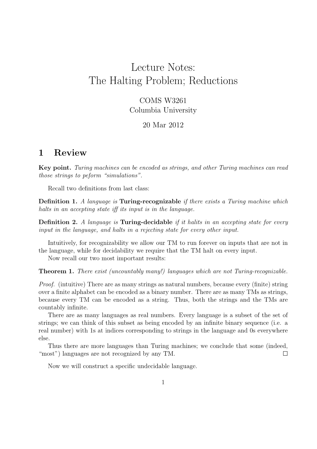 Lecture Notes: the Halting Problem; Reductions