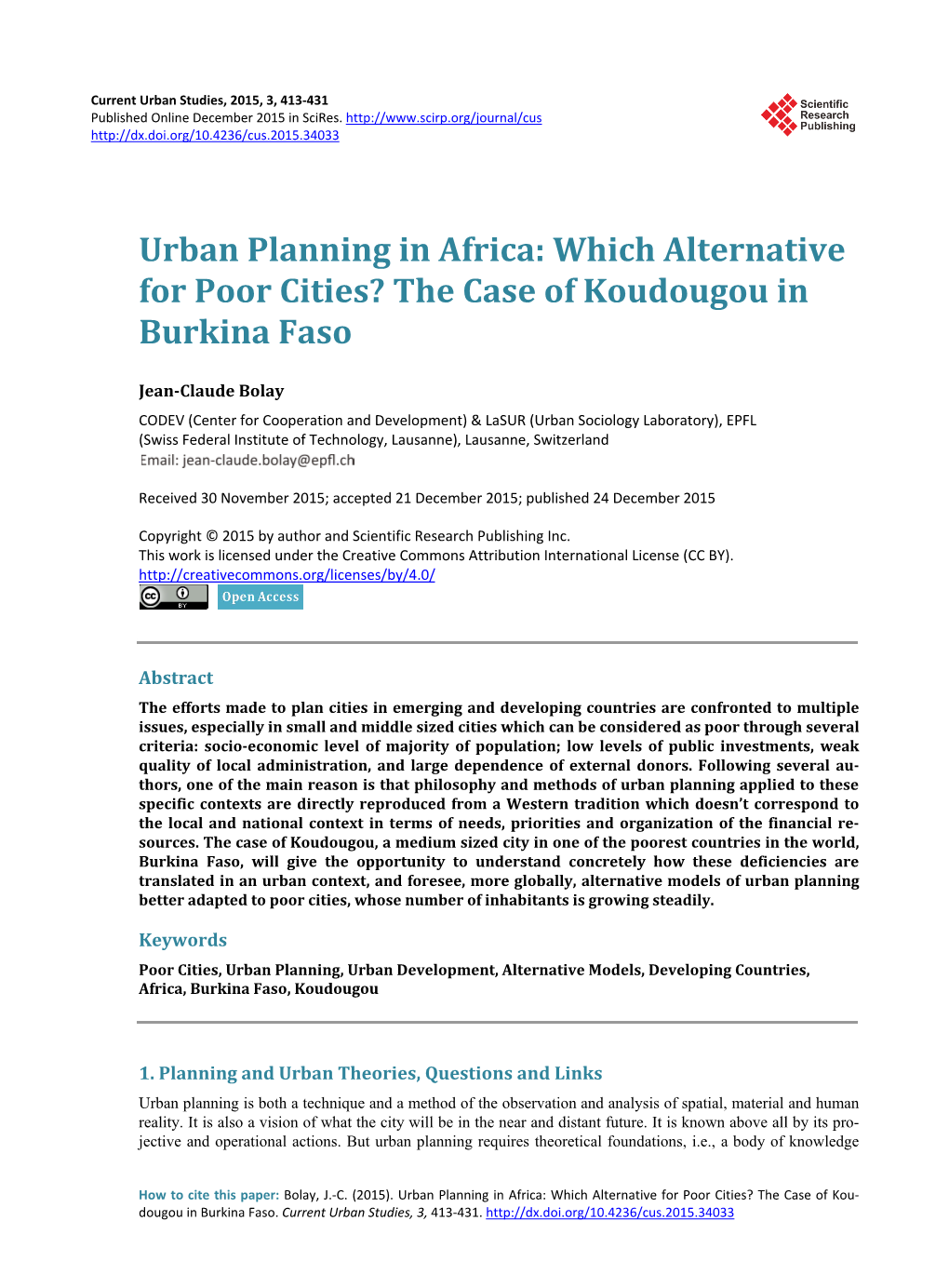 Urban Planning in Africa: Which Alternative for Poor Cities? the Case of Koudougou in Burkina Faso