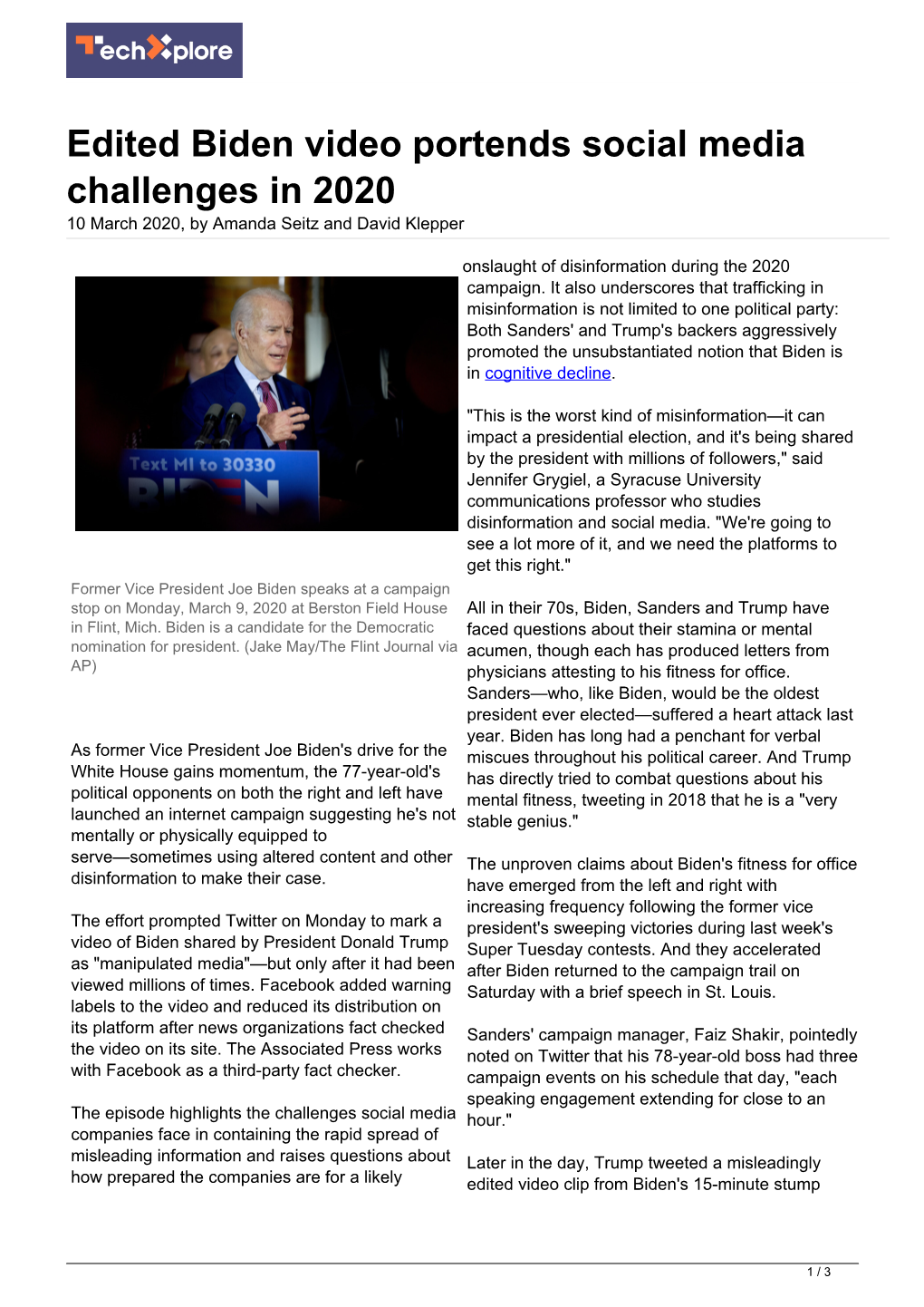 Edited Biden Video Portends Social Media Challenges in 2020 10 March 2020, by Amanda Seitz and David Klepper