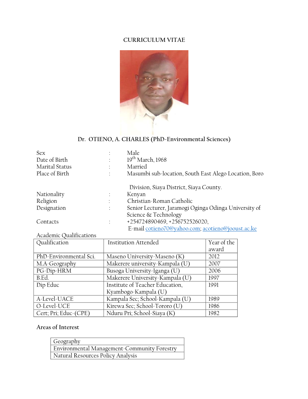 CURRICULUM VITAE Dr. OTIENO, A. CHARLES (Phd-Environmental