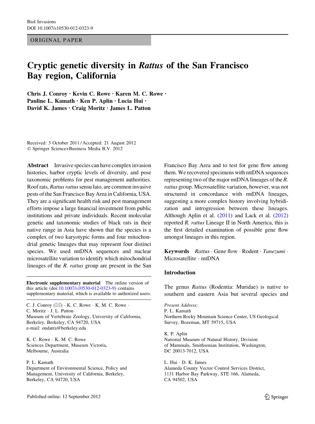 Cryptic Genetic Diversity in Rattus of the San Francisco Bay Region, California