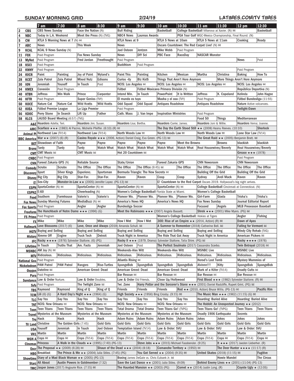 Sunday Morning Grid 2/24/19 Latimes.Com/Tv Times