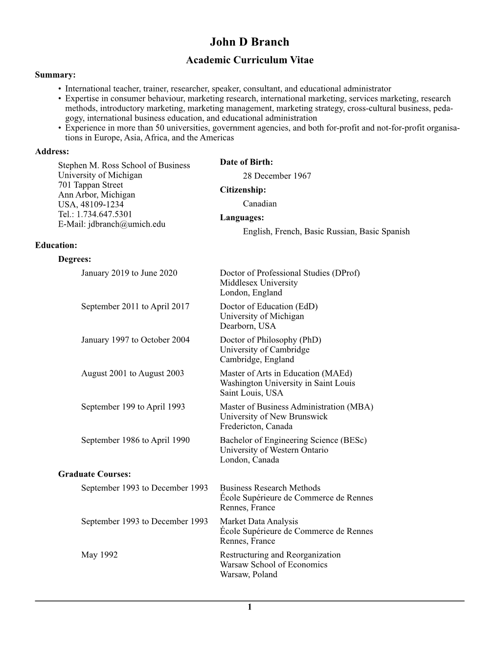 John D Branch Academic Curriculum Vitae