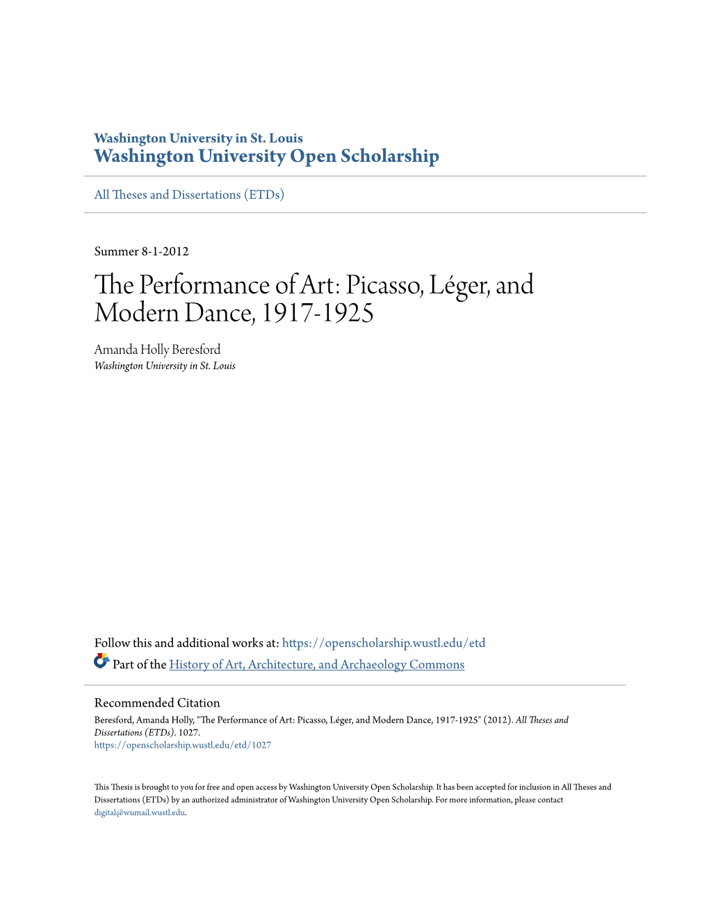 The Performance of Art: Picasso, Léger, and Modern Dance, 1917