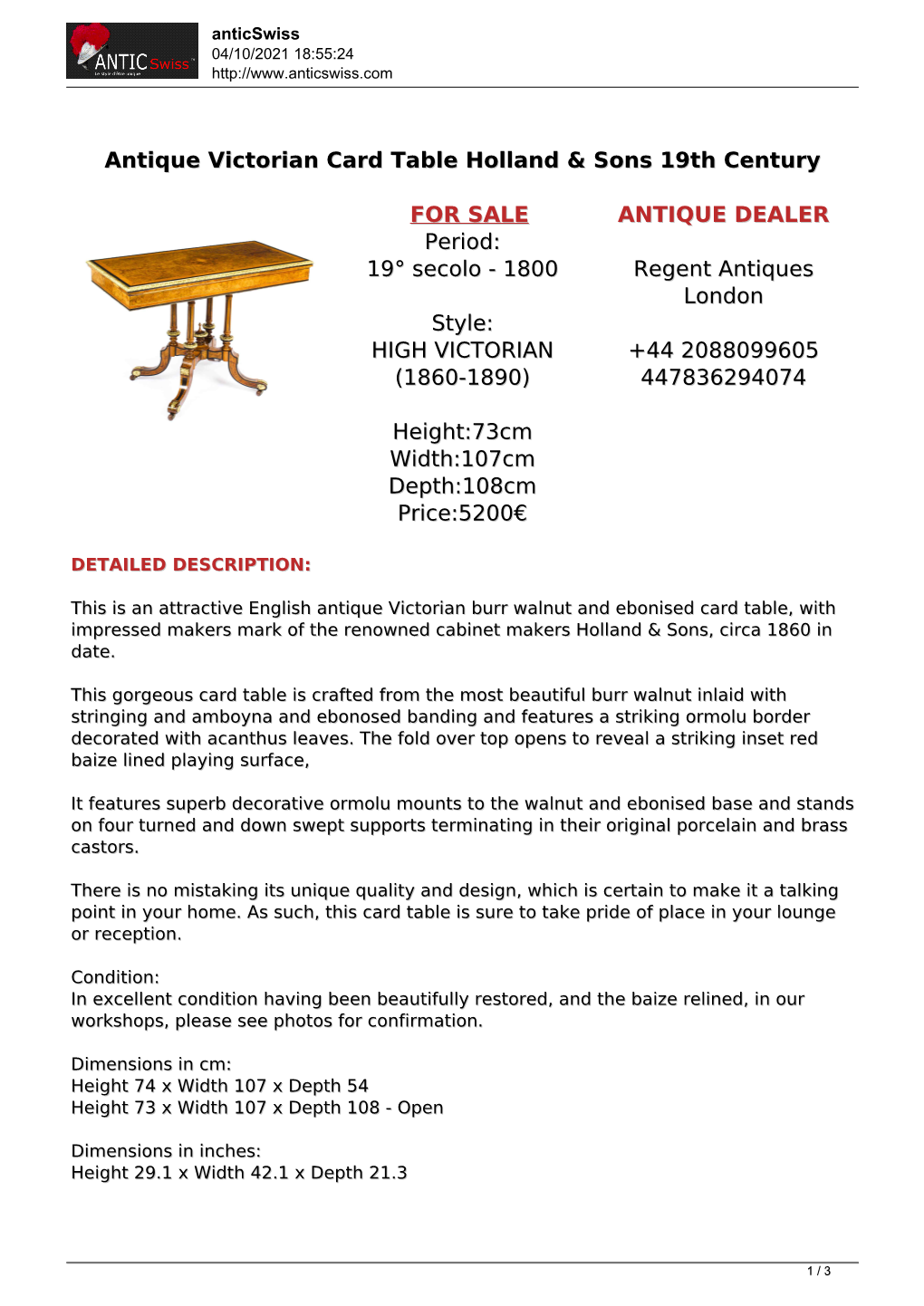 Antique Victorian Card Table Holland & Sons 19Th Century