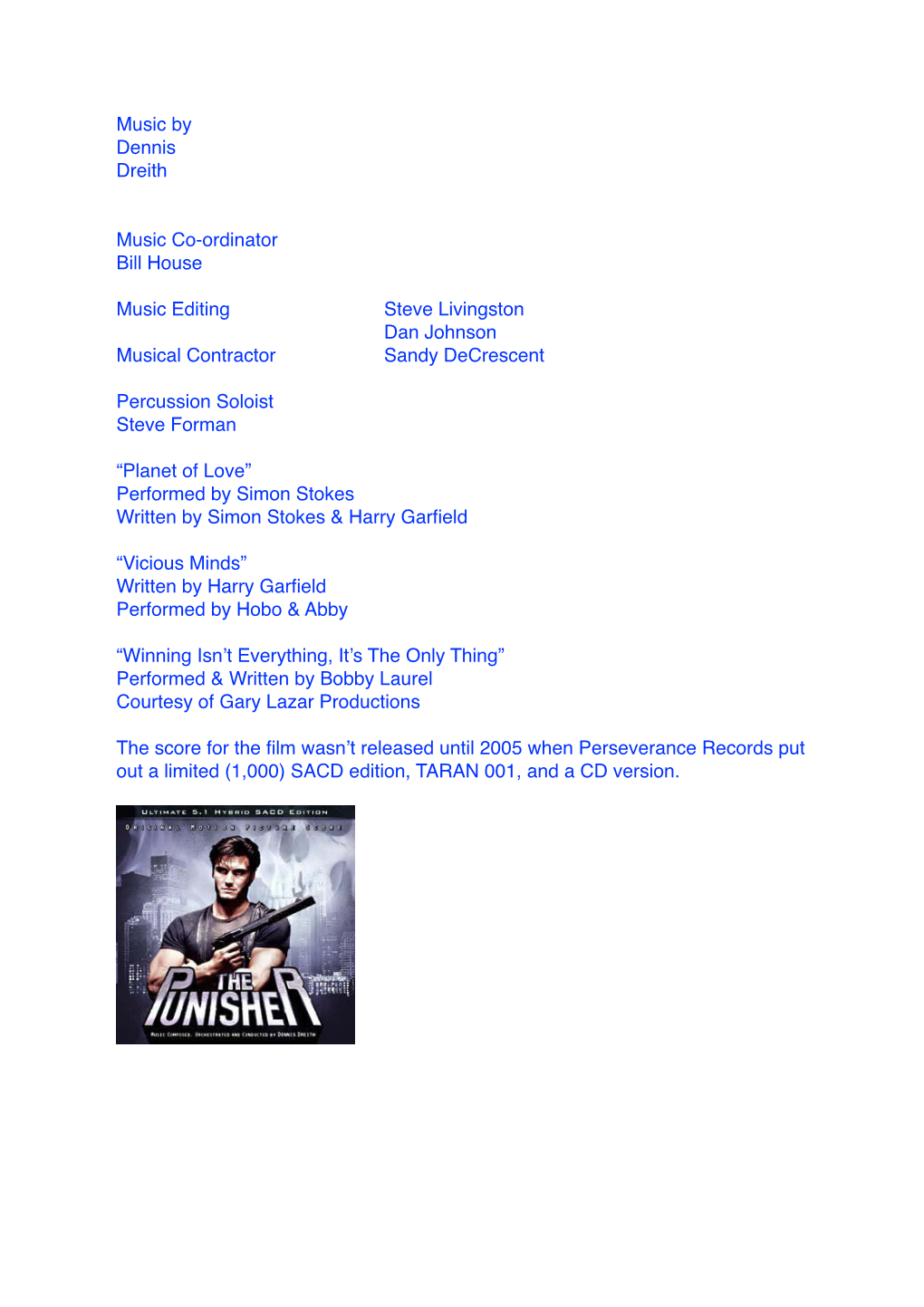 Punisher the Music Credits