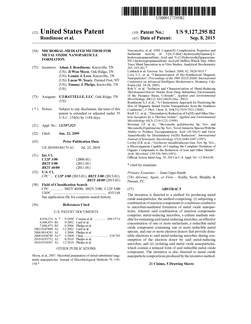 (12) United States Patent (10) Patent No.: US 9,127,295 B2 Rondinone Et Al