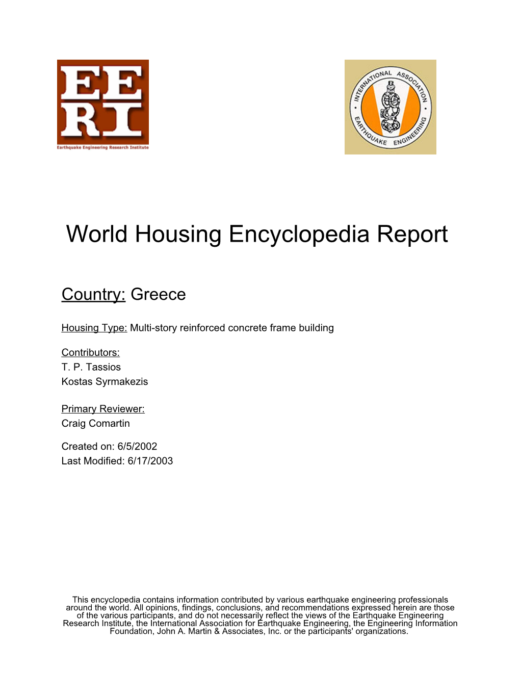 World Housing Encyclopedia Report