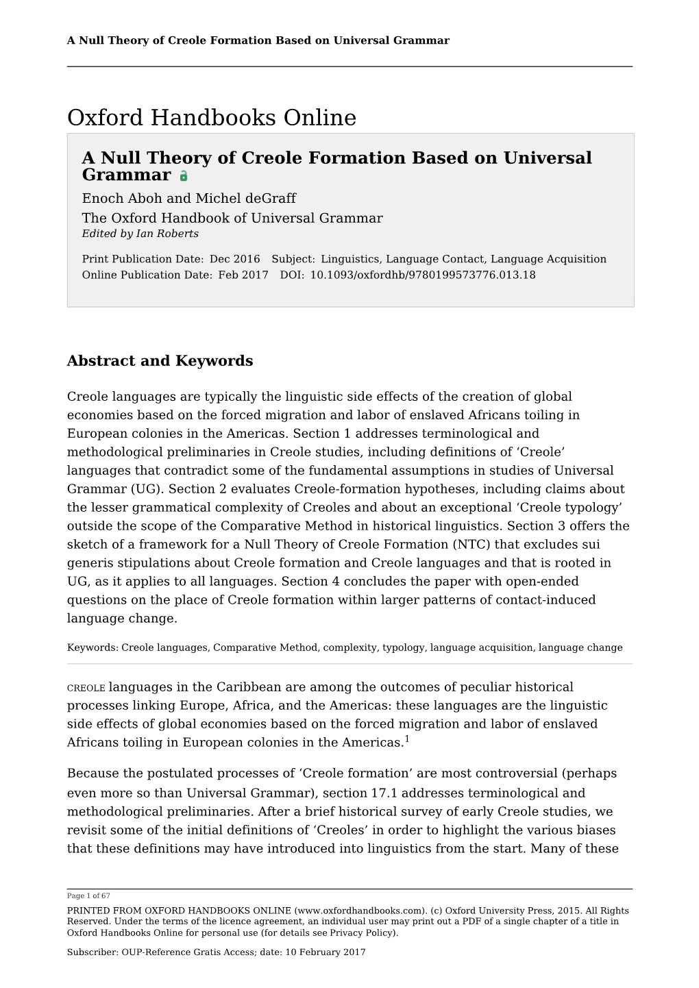 Null Theory of Creole Formation Based on Universal Grammar