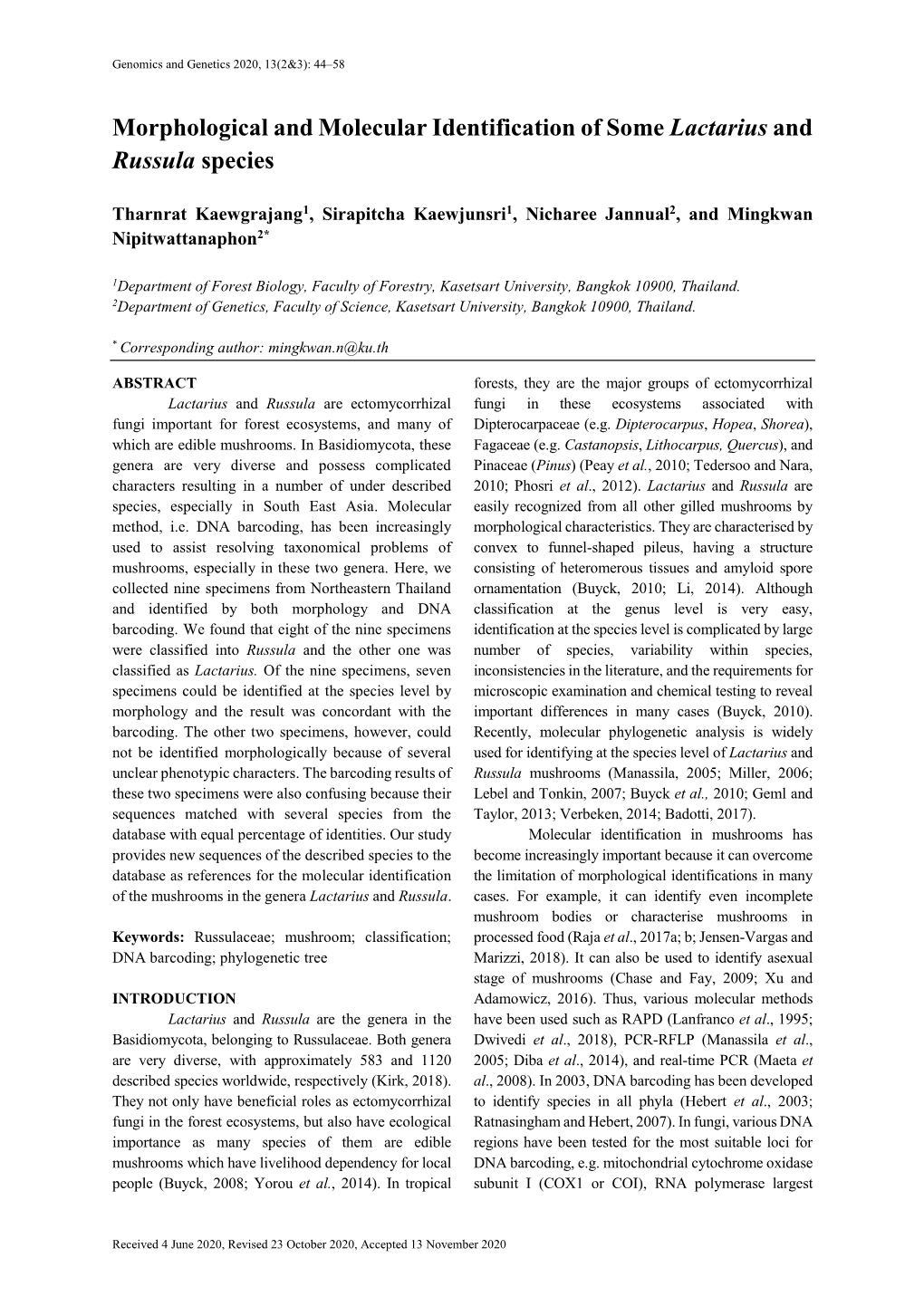 Morphological and Molecular Identification of Some Lactarius and Russula Species