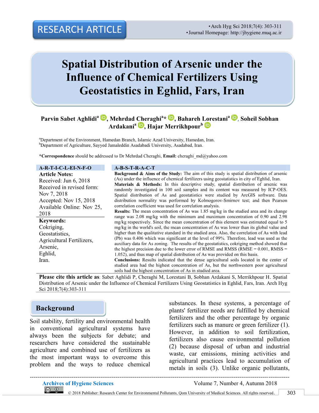 Spatial Distribution of Arsenic Under the Influence of Chemical Fertilizers Using Geostatistics in Eghlid, Fars, Iran