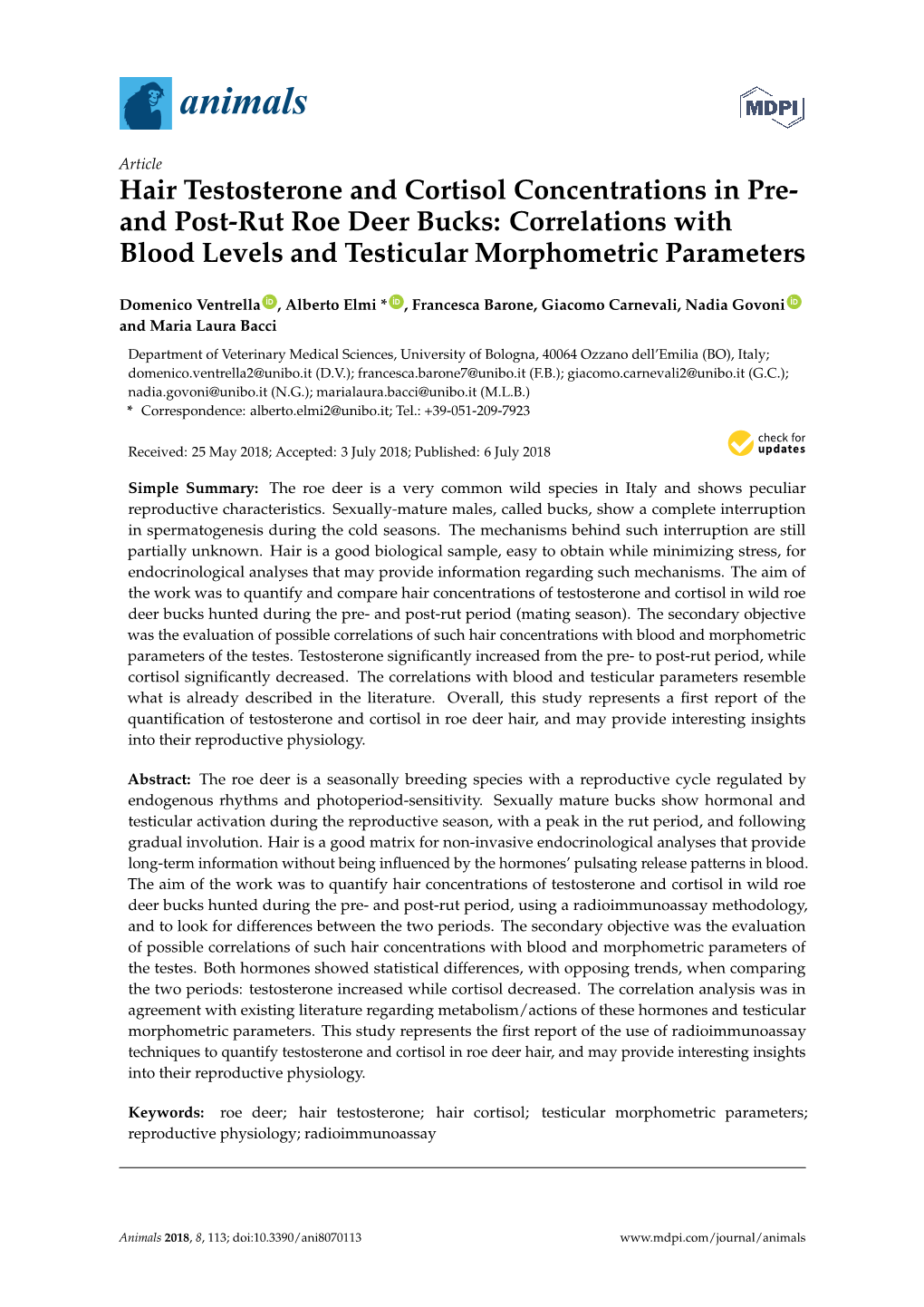 Hair Testosterone and Cortisol Concentrations in Pre- and Post-Rut Roe Deer Bucks: Correlations with Blood Levels and Testicular Morphometric Parameters
