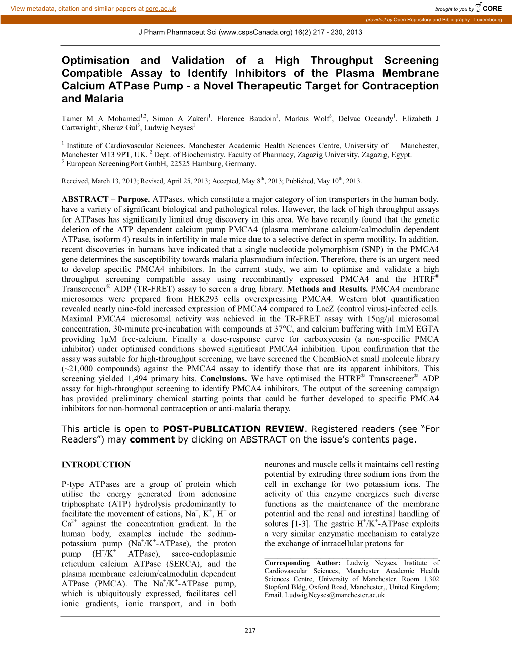 Optimisation and Validation of a High Throughput Screening