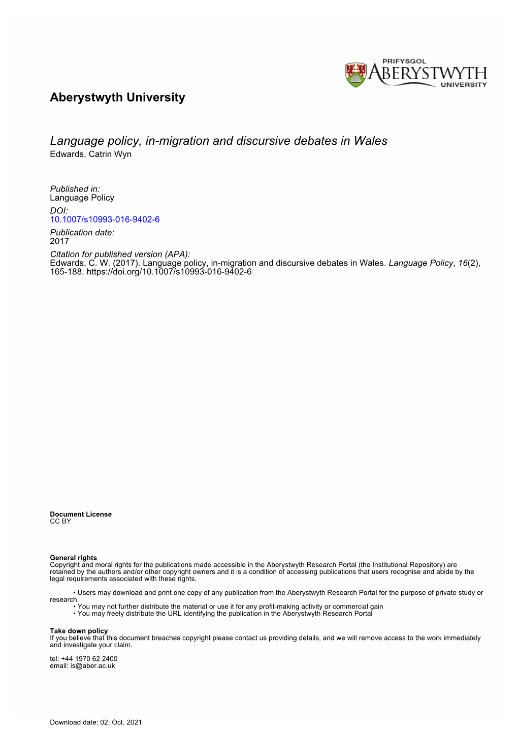Aberystwyth University Language Policy, In-Migration and Discursive Debates in Wales
