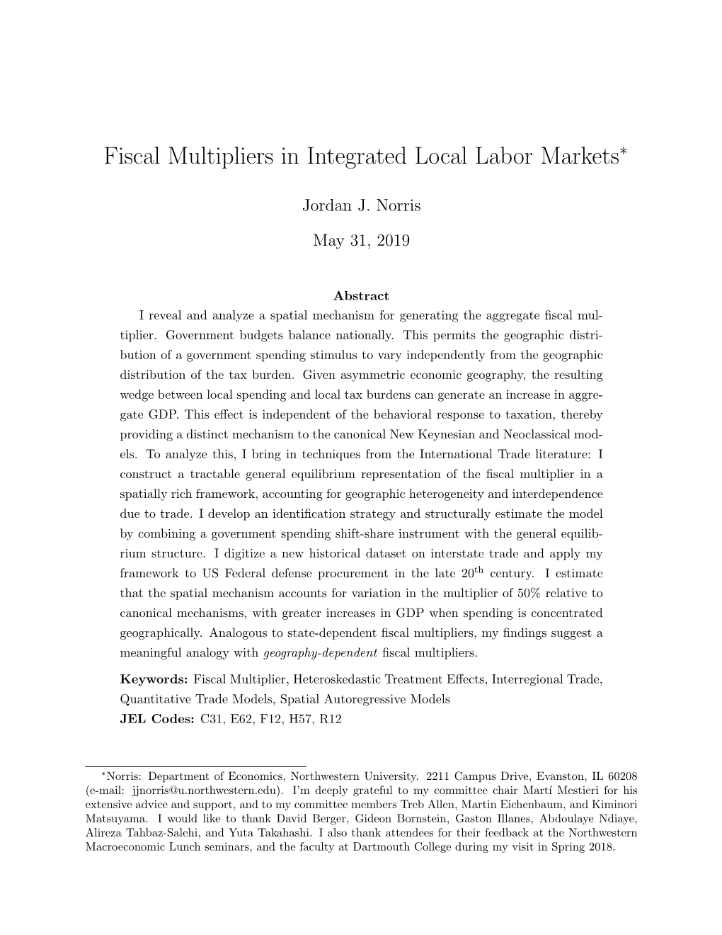 Fiscal Multipliers in Integrated Local Labor Markets∗