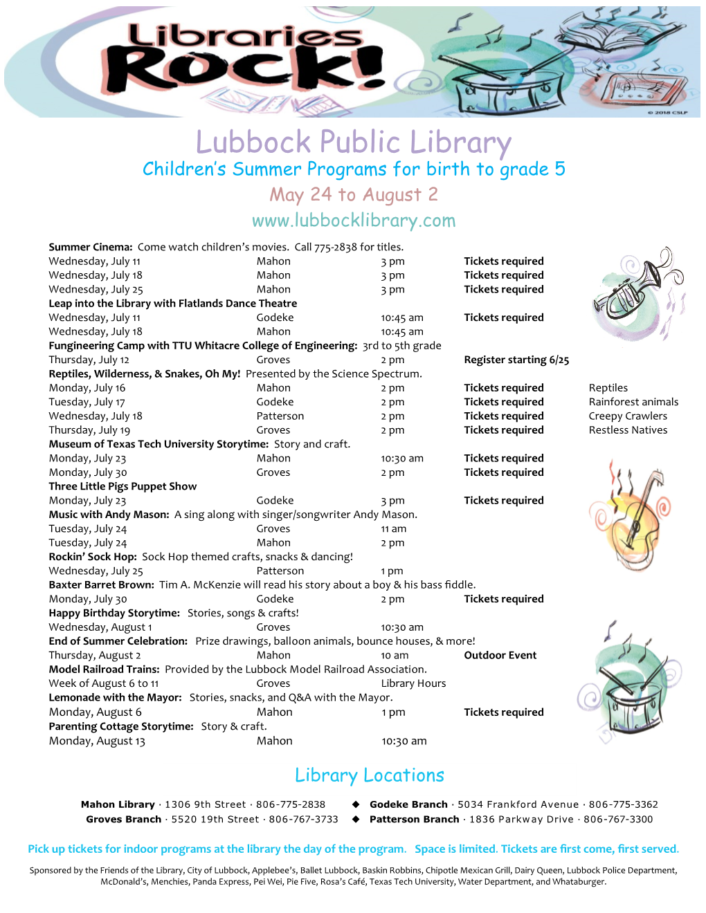 Lubbock Public Library Children’S Summer Programs for Birth to Grade 5 May 24 to August 2 Summer Cinema: Come Watch Children’S Movies