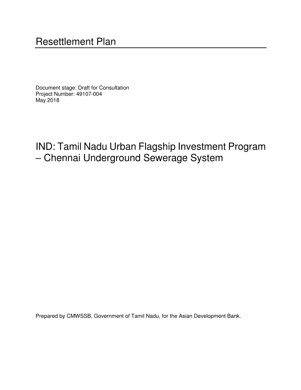 Resettlement Plan: Chennai Underground Sewerage System