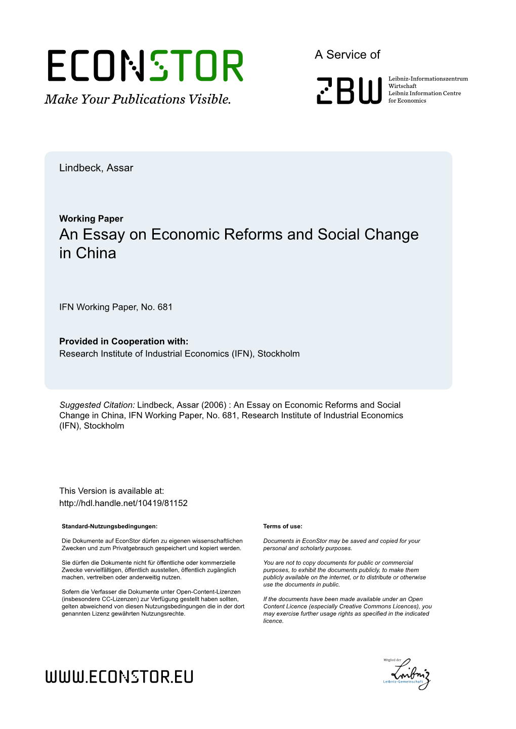 An Essay on Economic Reforms and Social Change in China