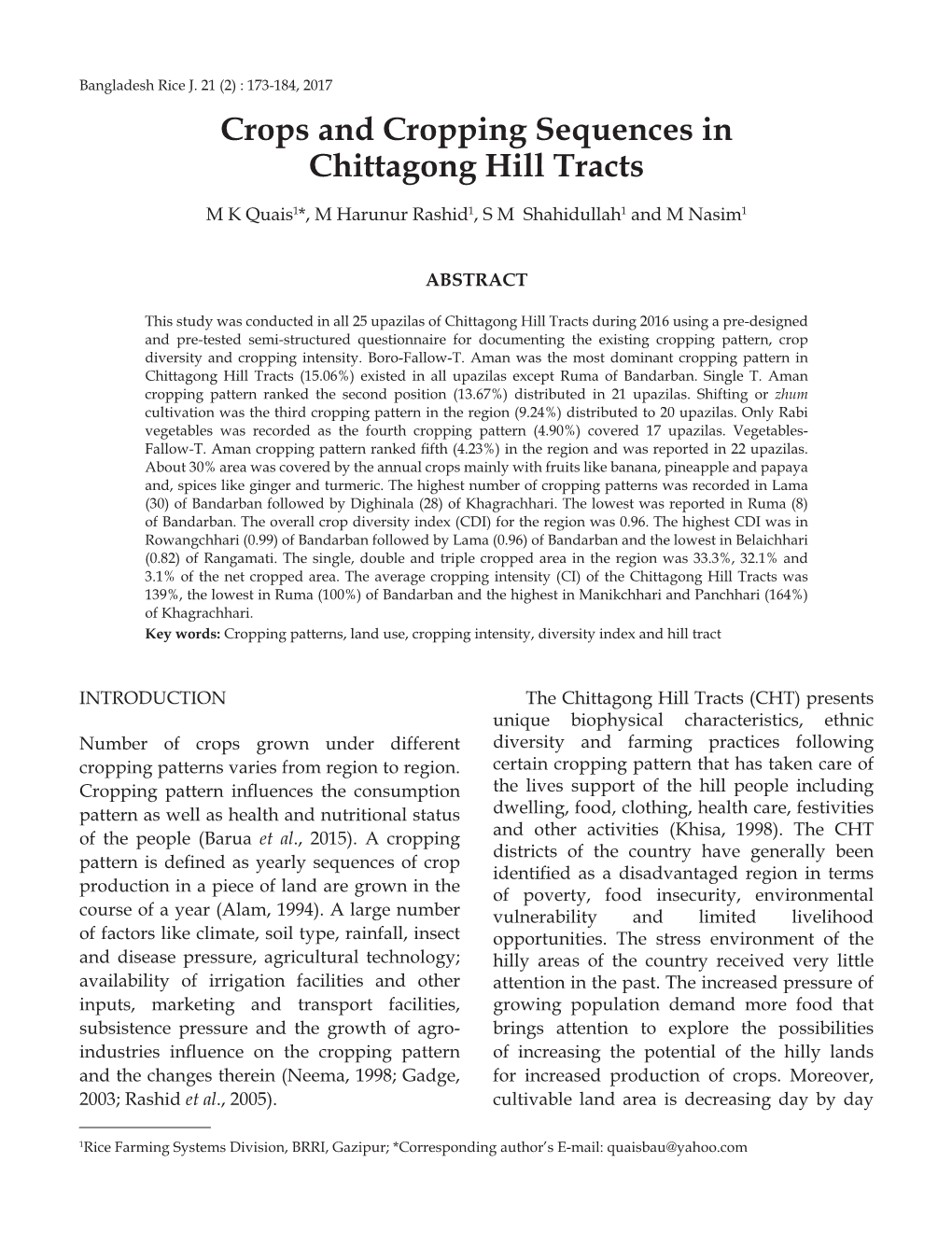 Crops and Cropping Sequences in Chittagong Hill Tracts
