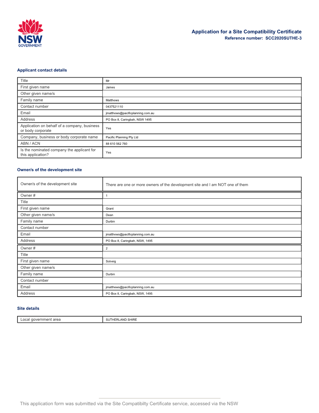 Application for a Site Compatibility Certificate Reference Number: SCC2020SUTHE-3