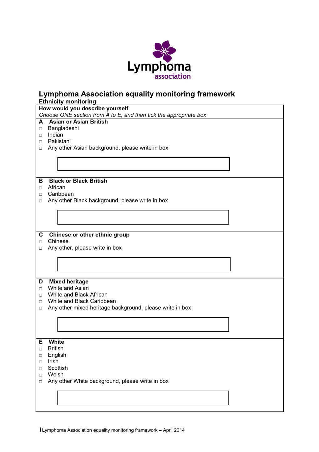 Lymphoma Association Equality Monitoring Framework