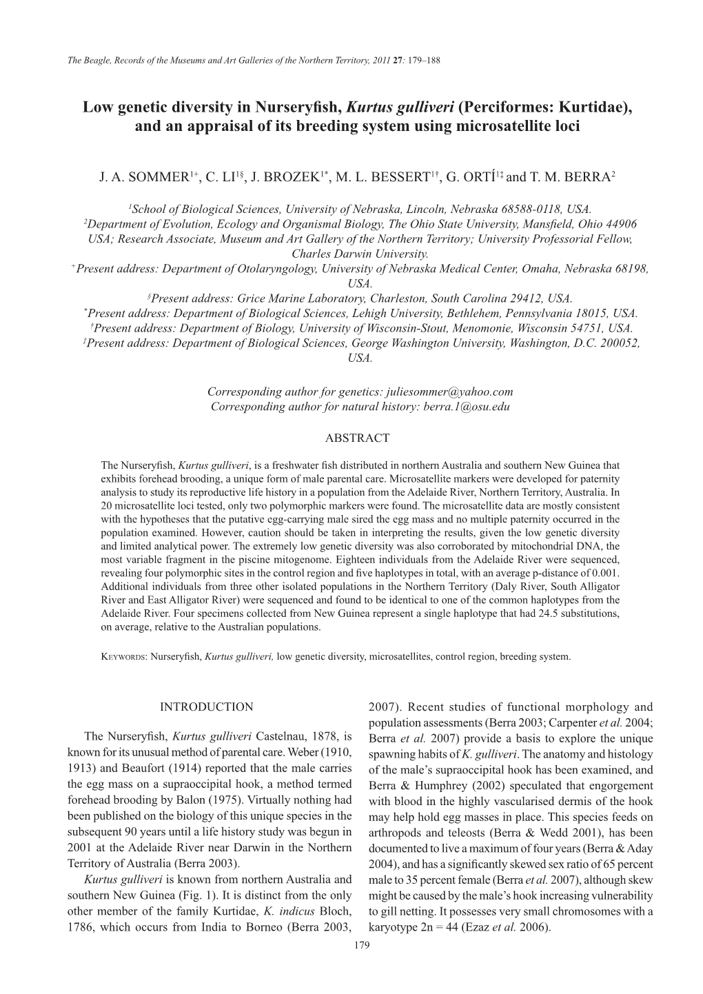 Low Genetic Diversity in Nurseryfish, Kurtus Gulliveri