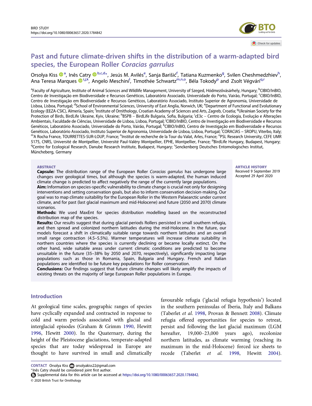 Past and Future Climate-Driven Shifts in the Distribution of a Warm-Adapted Bird Species, the European Roller Coracias Garrulus