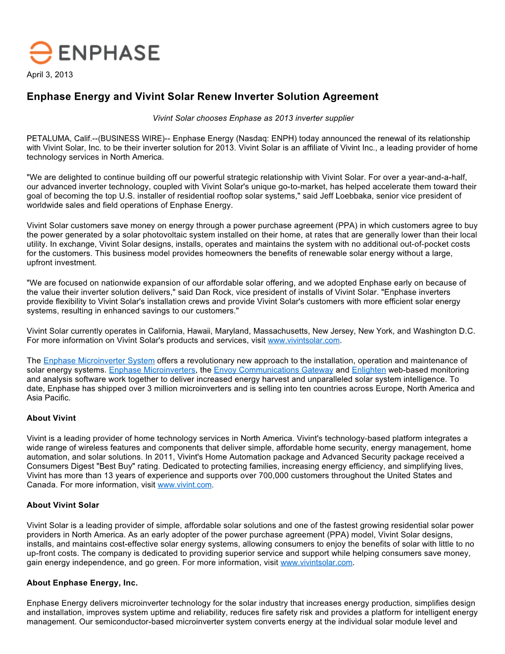 Enphase Energy and Vivint Solar Renew Inverter Solution Agreement