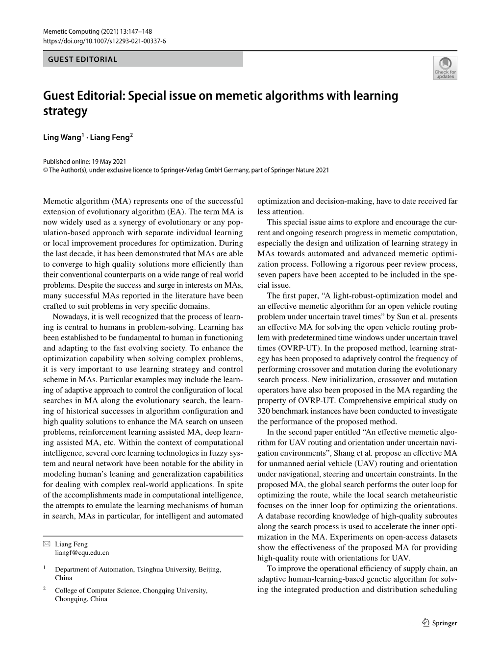 Special Issue on Memetic Algorithms with Learning Strategy