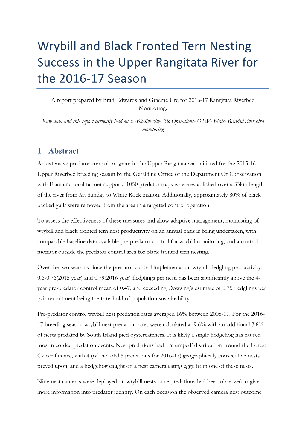 DOC Report on Wrybill and Black-Fronted Tern Nesting Success