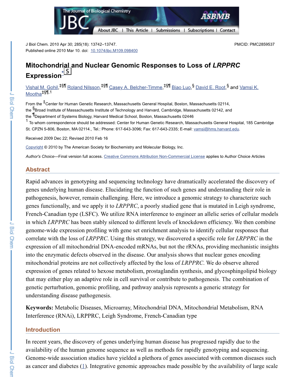 Mitochondrial and Nuclear Genomic Responses to Loss of LRPPRC Expression*
