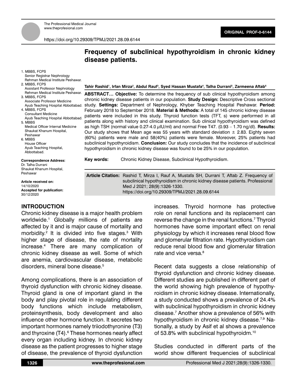 Frequency of Subclinical Hypothyroidism in Chronic Kidney Disease Patients