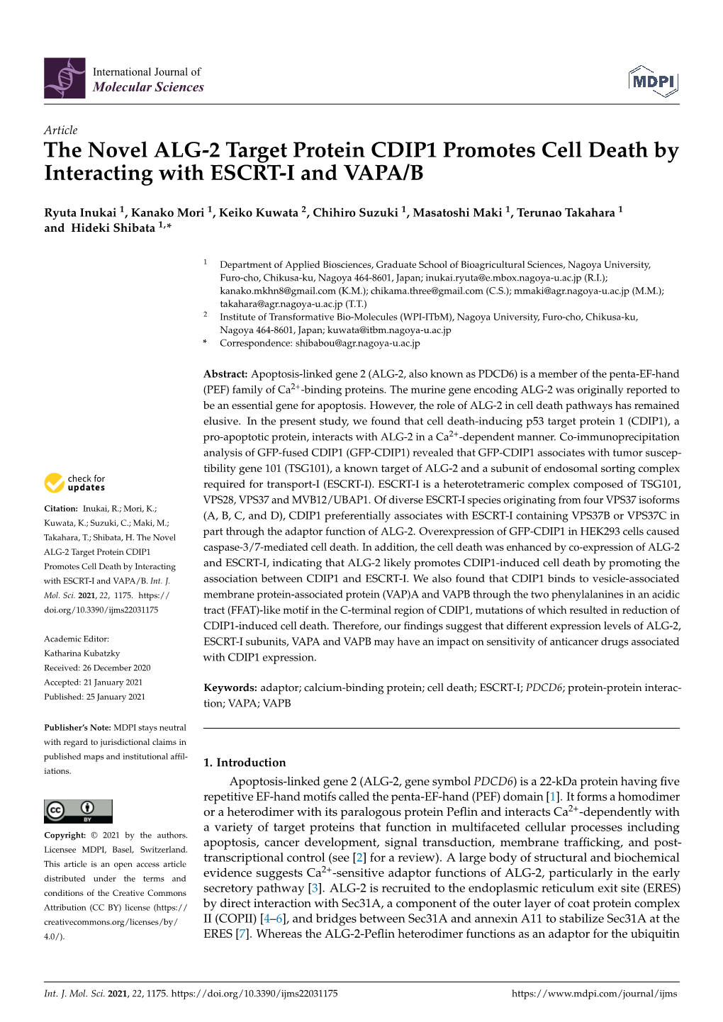 The Novel ALG-2 Target Protein CDIP1 Promotes Cell Death by Interacting with ESCRT-I and VAPA/B