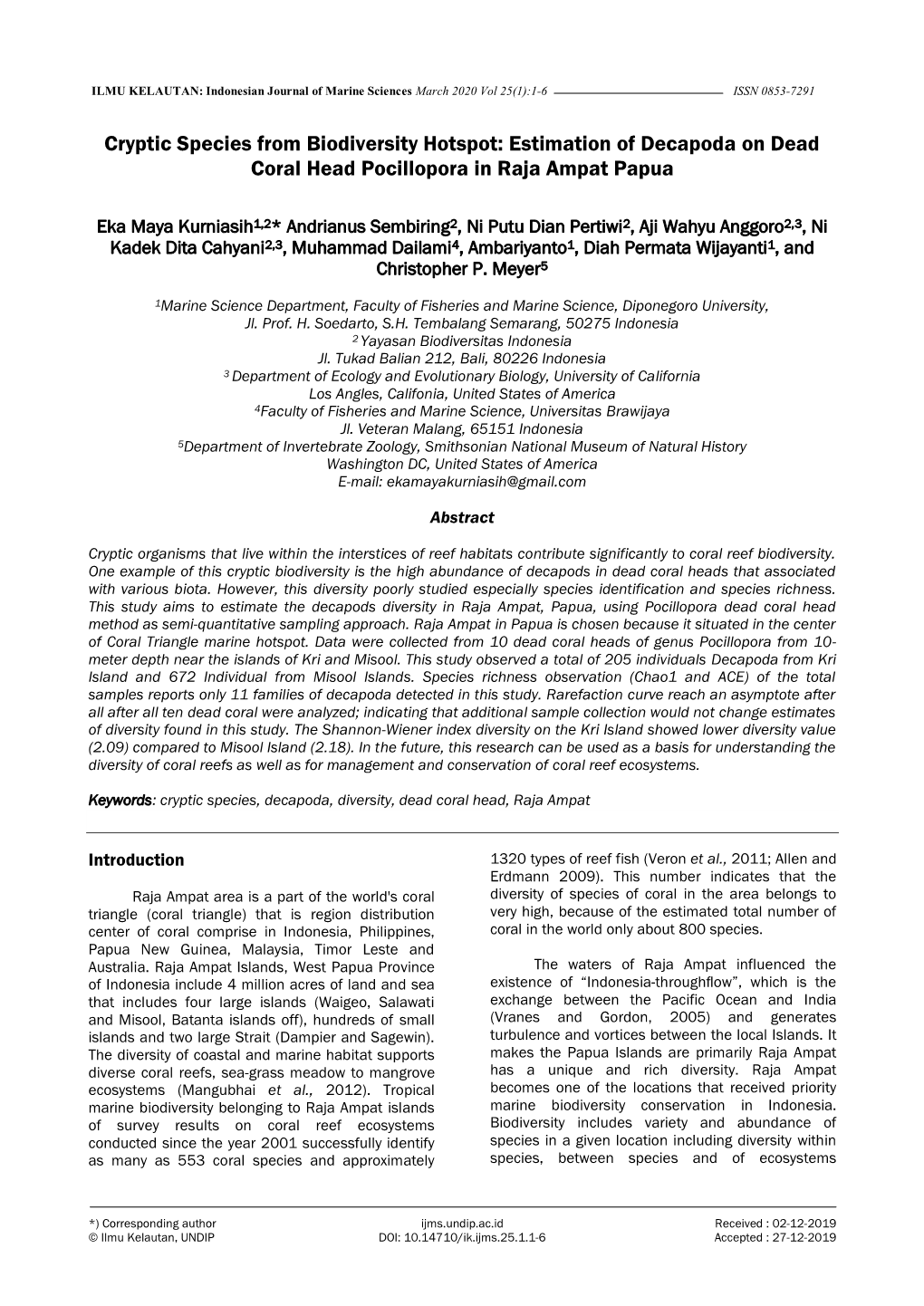 Estimation of Decapoda on Dead Coral Head Pocillopora in Raja Ampat Papua