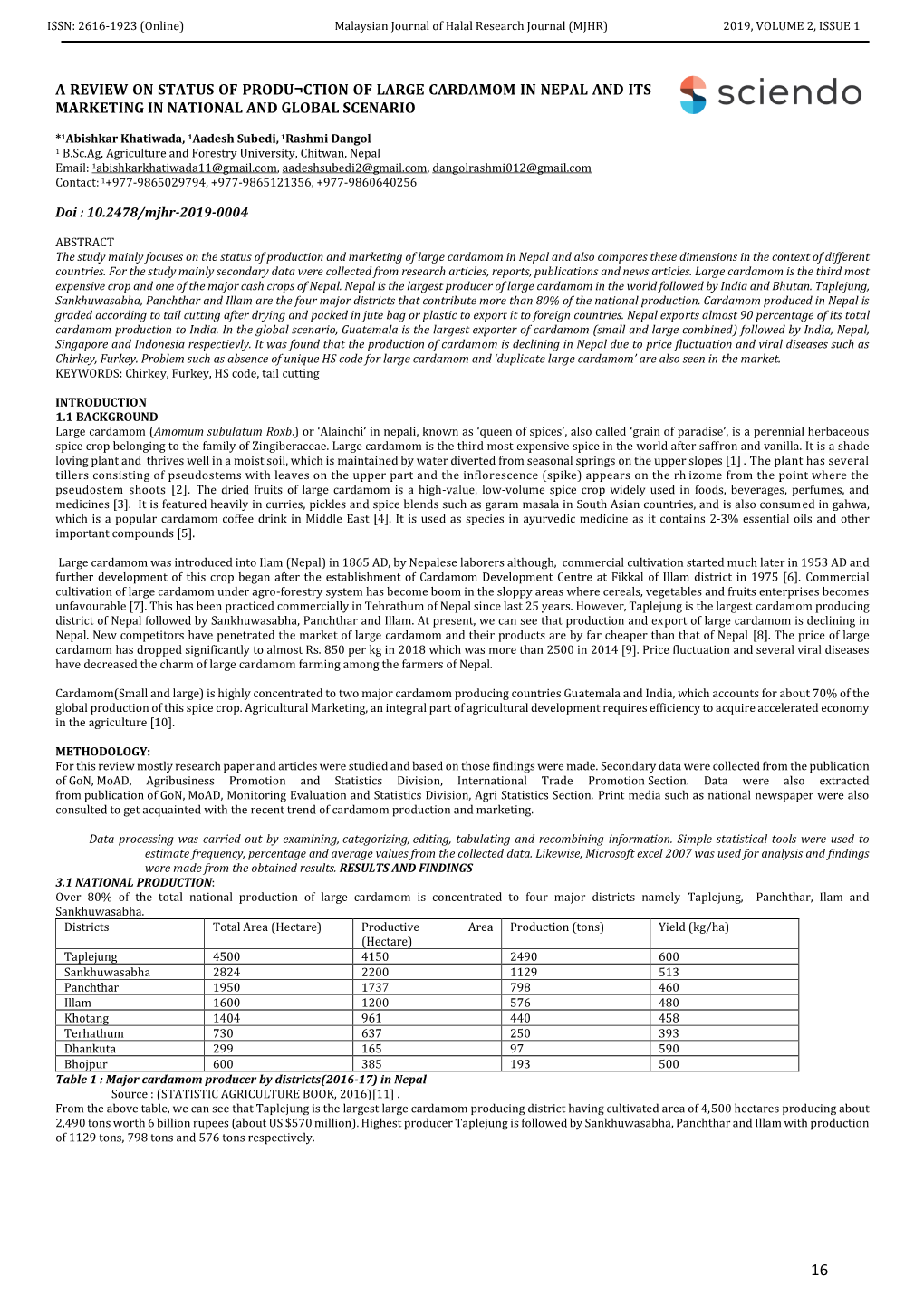 A Review on Status of Produ¬Ction of Large Cardamom in Nepal and Its Marketing in National and Global Scenario