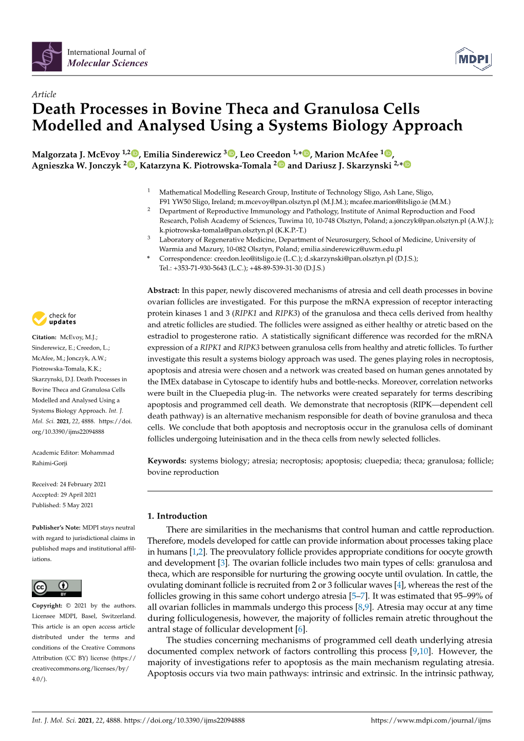 Death Processes in Bovine Theca and Granulosa Cells Modelled and Analysed Using a Systems Biology Approach