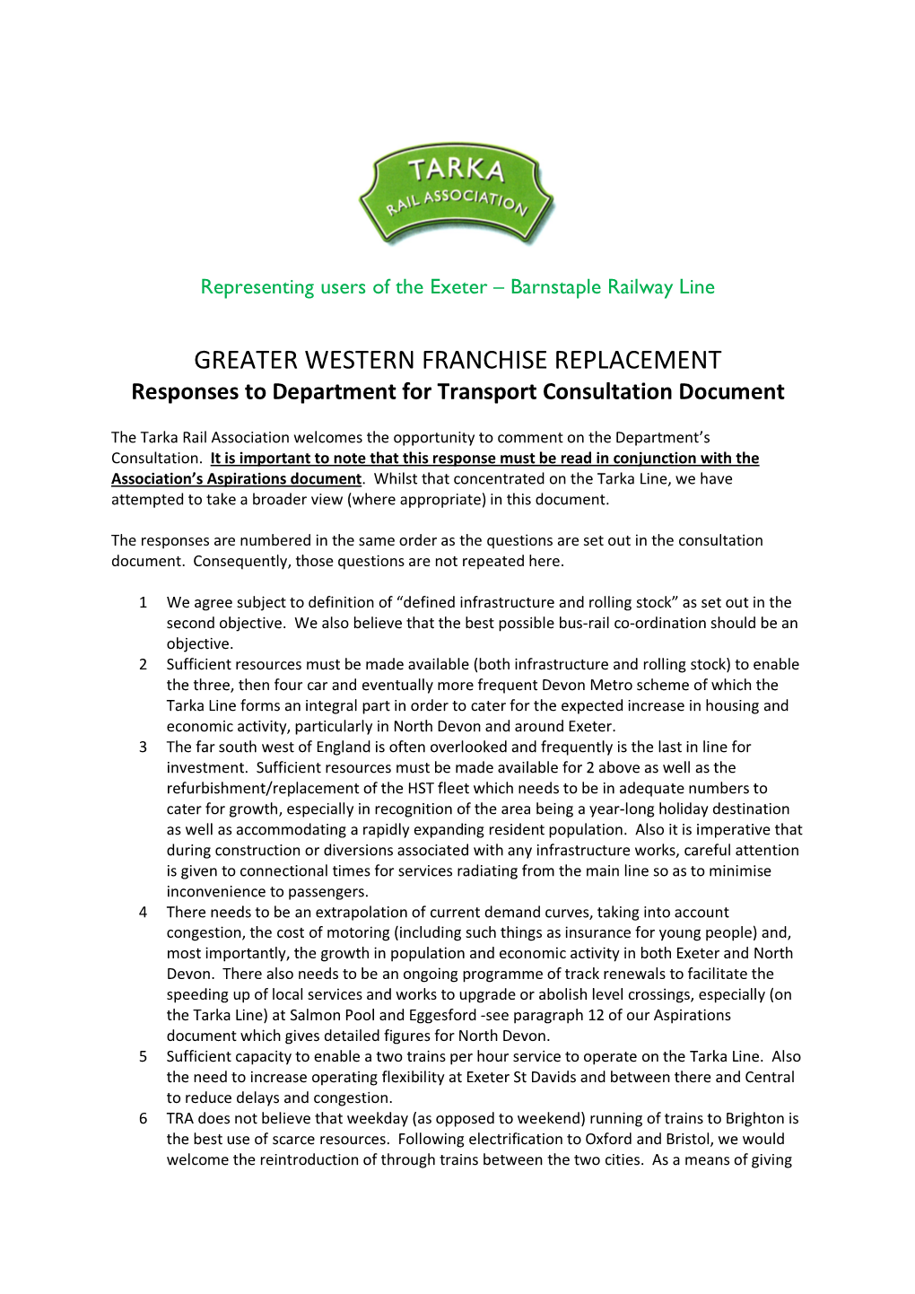 GREATER WESTERN FRANCHISE REPLACEMENT Responses to Department for Transport Consultation Document