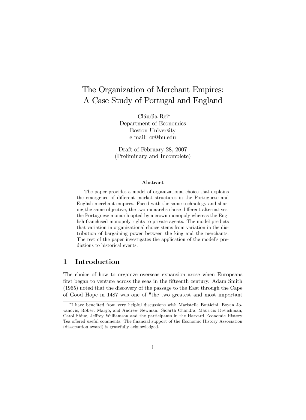 The Organization of Merchant Empires: a Case Study of Portugal and England