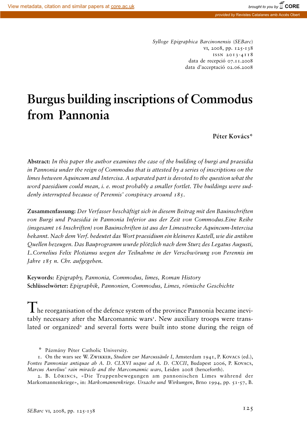 Burgus Building Inscriptions of Commodus from Pannonia