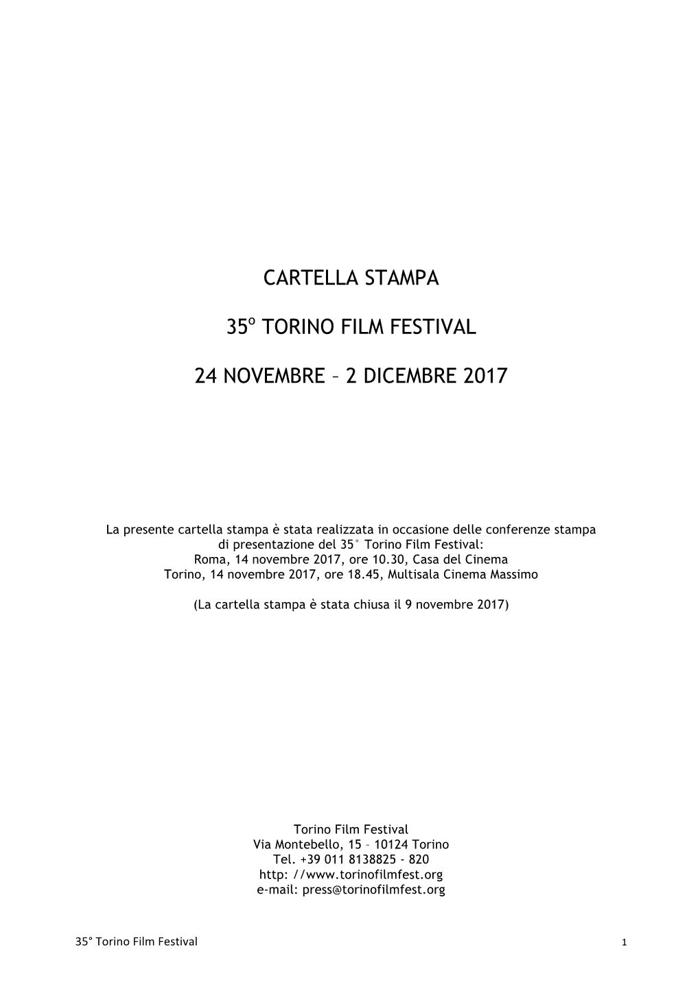 CARTELLA STAMPA 35O TORINO FILM FESTIVAL 24 NOVEMBRE