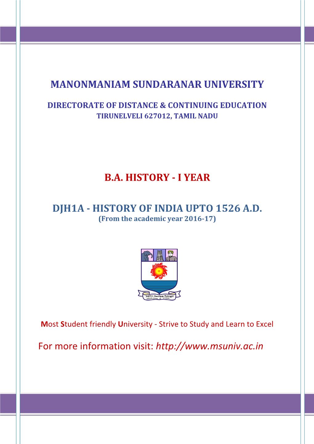 Manonmaniam Sundaranar University B.A. History