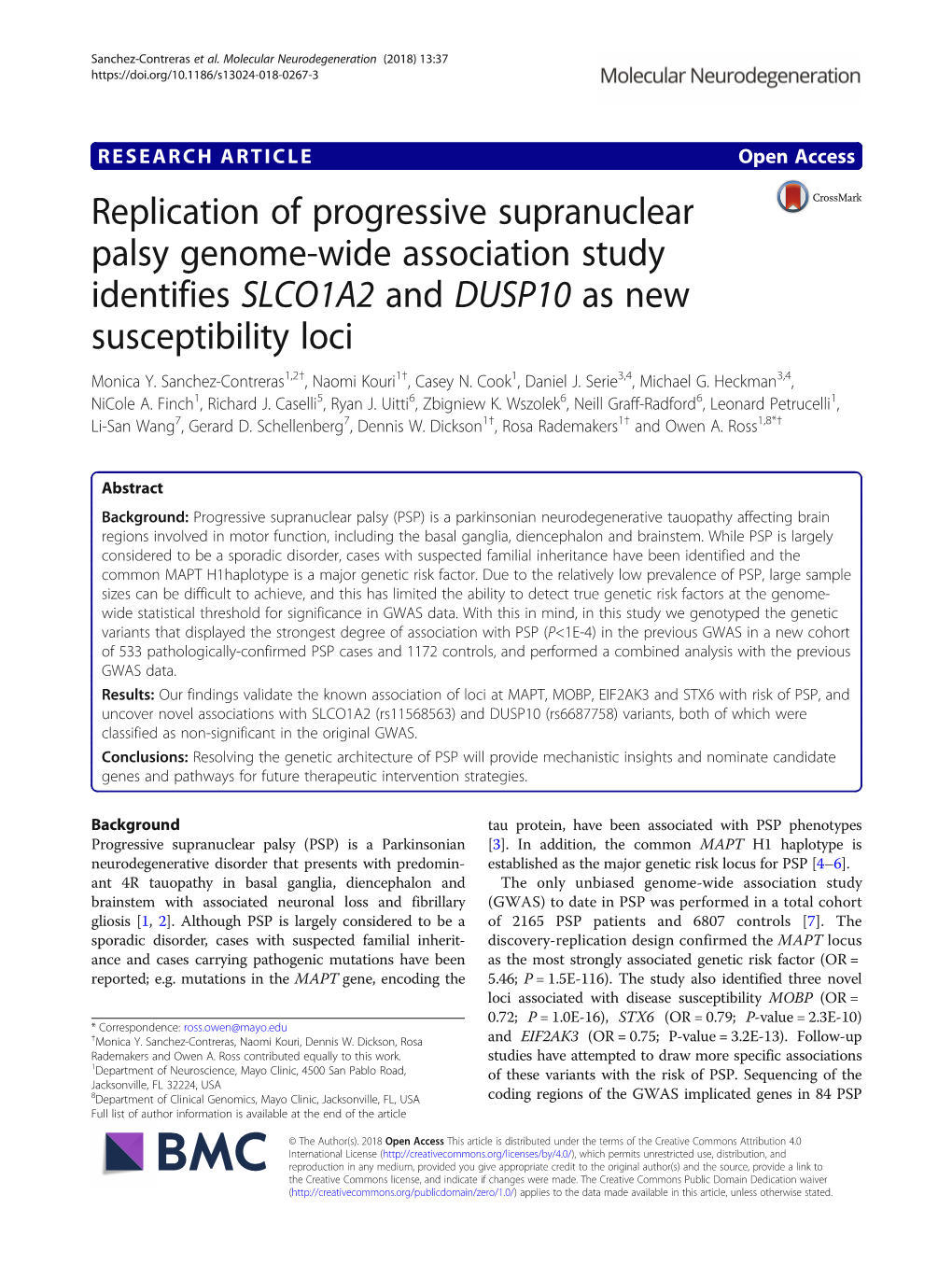 Replication of Progressive Supranuclear Palsy Genome-Wide Association Study Identifies SLCO1A2 and DUSP10 As New Susceptibility Loci Monica Y