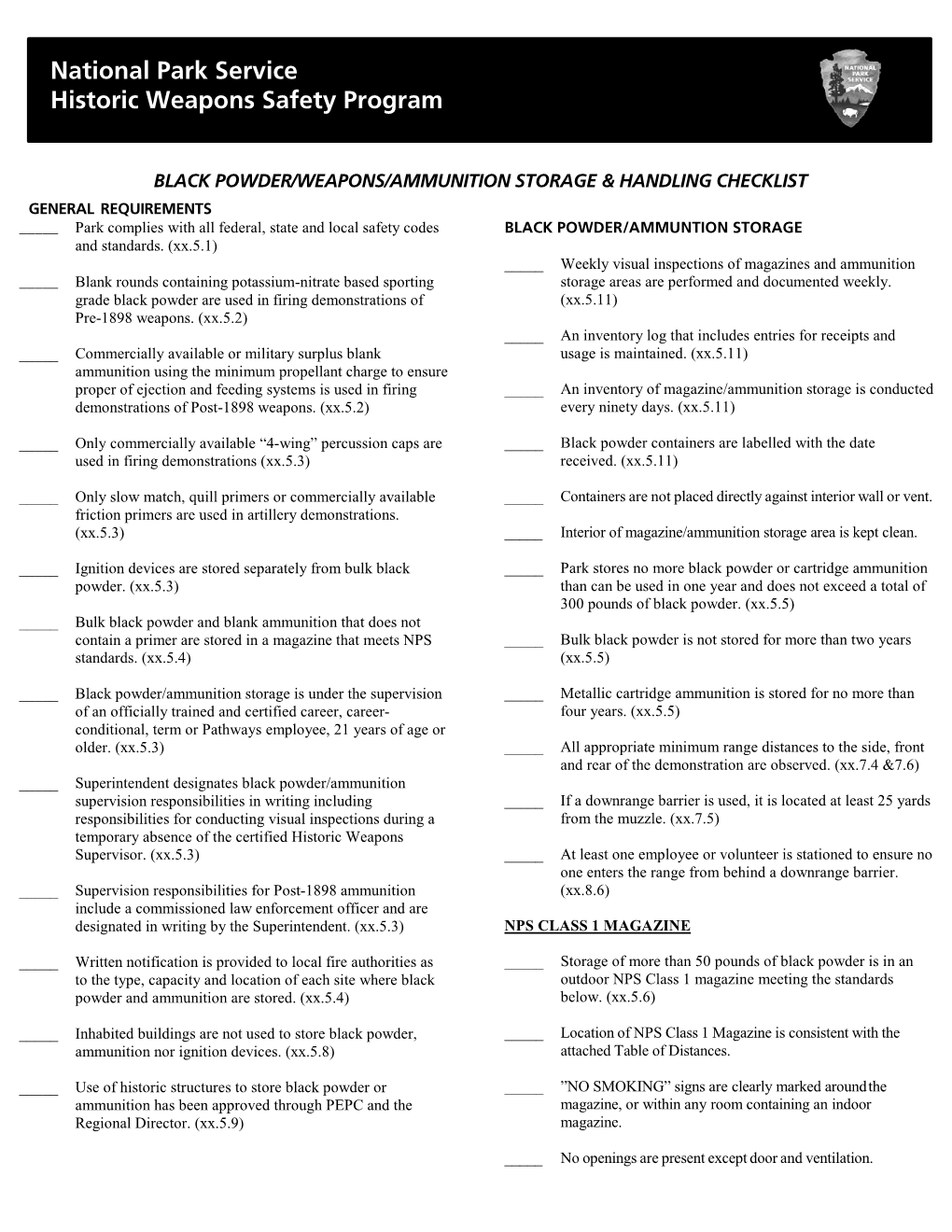 Black Powder/Weapons/Ammunition Storage & Handling Checklist