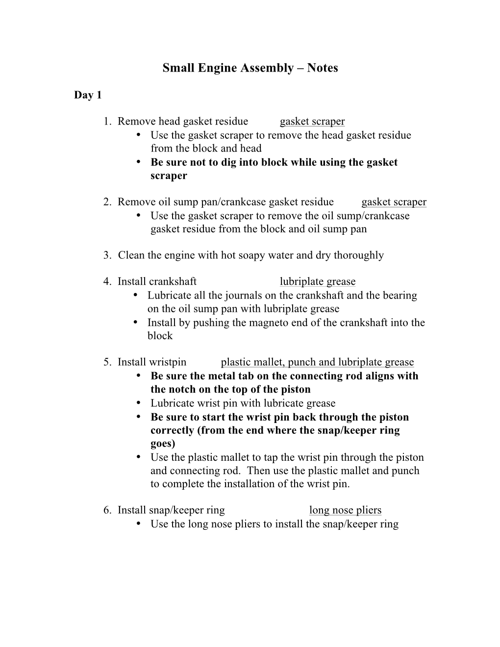 Small Engine Assembly – Notes