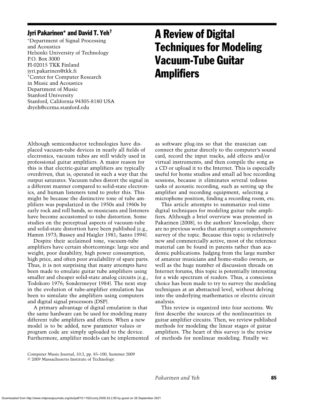 A Review of Digital Techniques for Modeling Vacuum-Tube Guitar