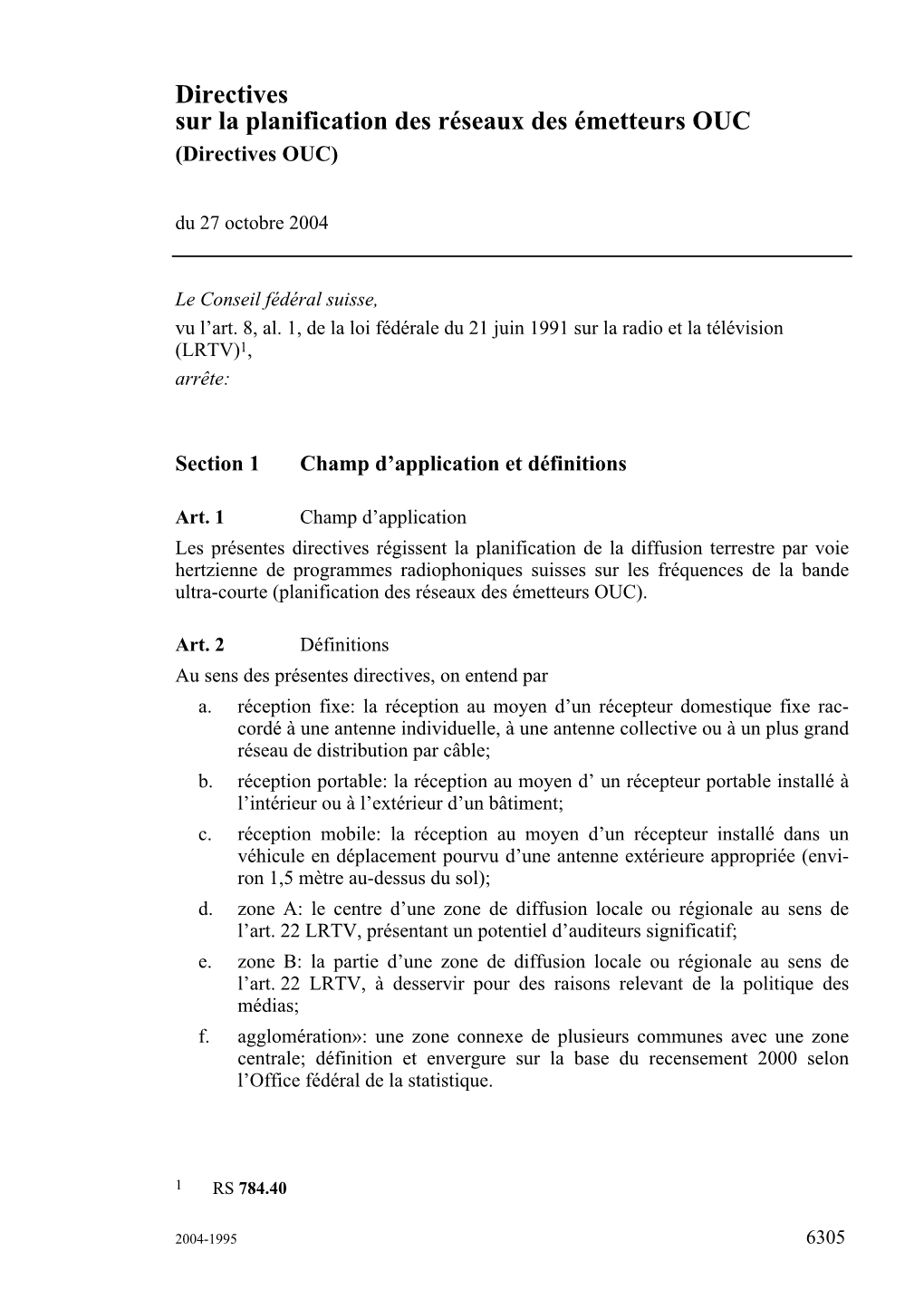 Directives Sur La Planification Des Réseaux Des Émetteurs OUC (Directives OUC) Du 27 Octobre 2004