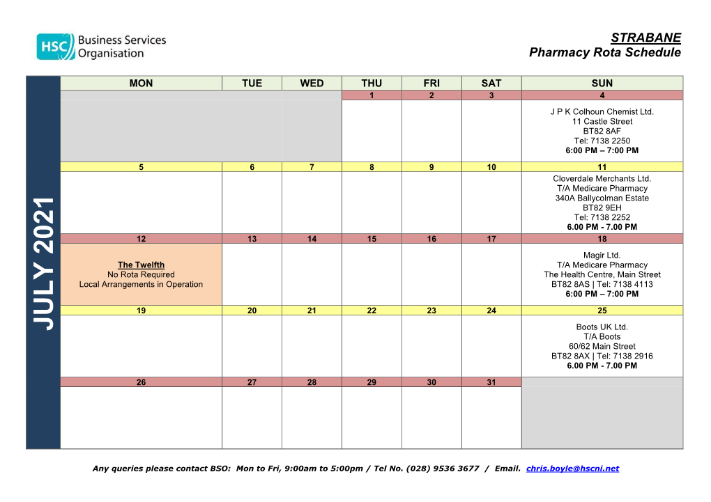 STRABANE Pharmacy Rota Schedule