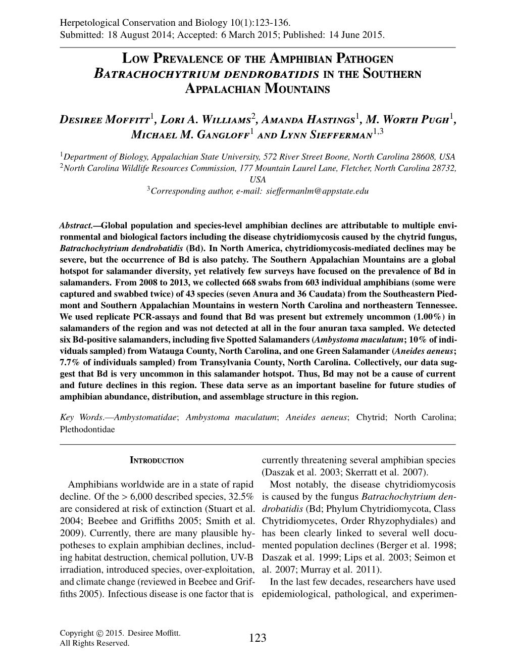 Low Prevalence of the Amphibian Pathogen Batrachochytrium Dendrobatidis in the Southern Appalachian Mountains