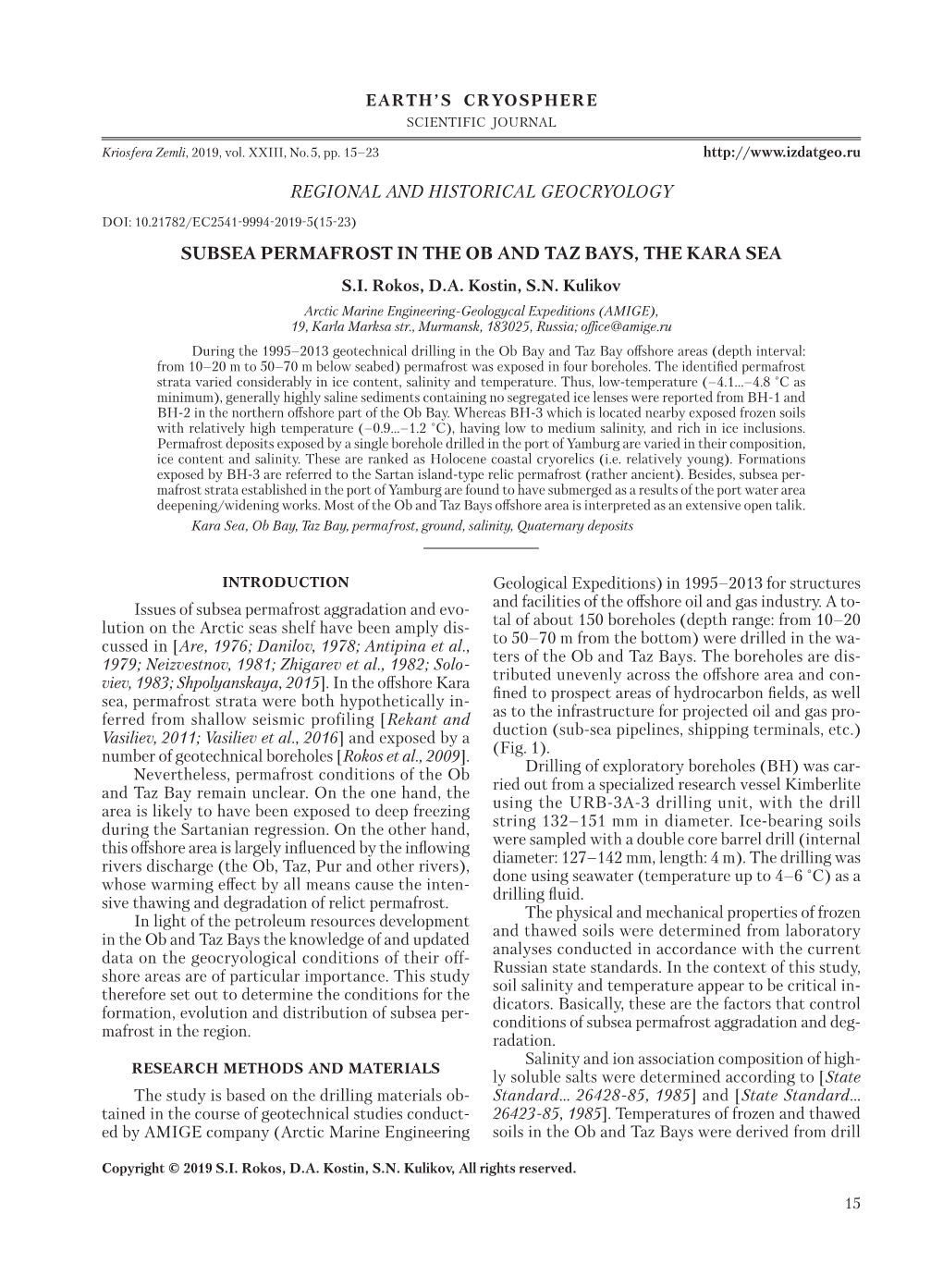 Regional and Historical Geocryology Subsea Permafrost in the Ob and Taz Bays, the Kara